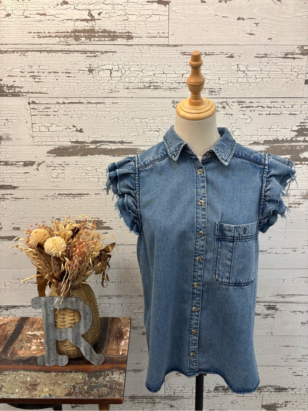 Pilcro Light Blue Denim Ruffle Sleeve Button-Front Shirt